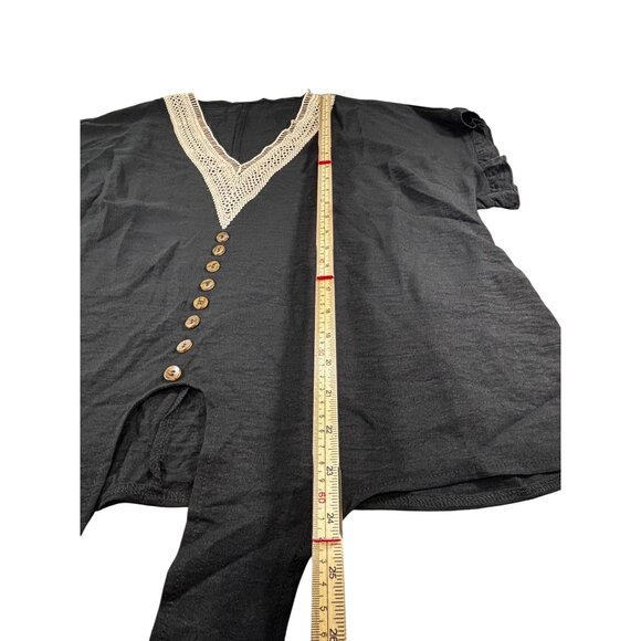 Black Shein Curve OXL V-Neck Tie-Front Blouse With Crochet Trim & Button Detail - Picture 8 of 11